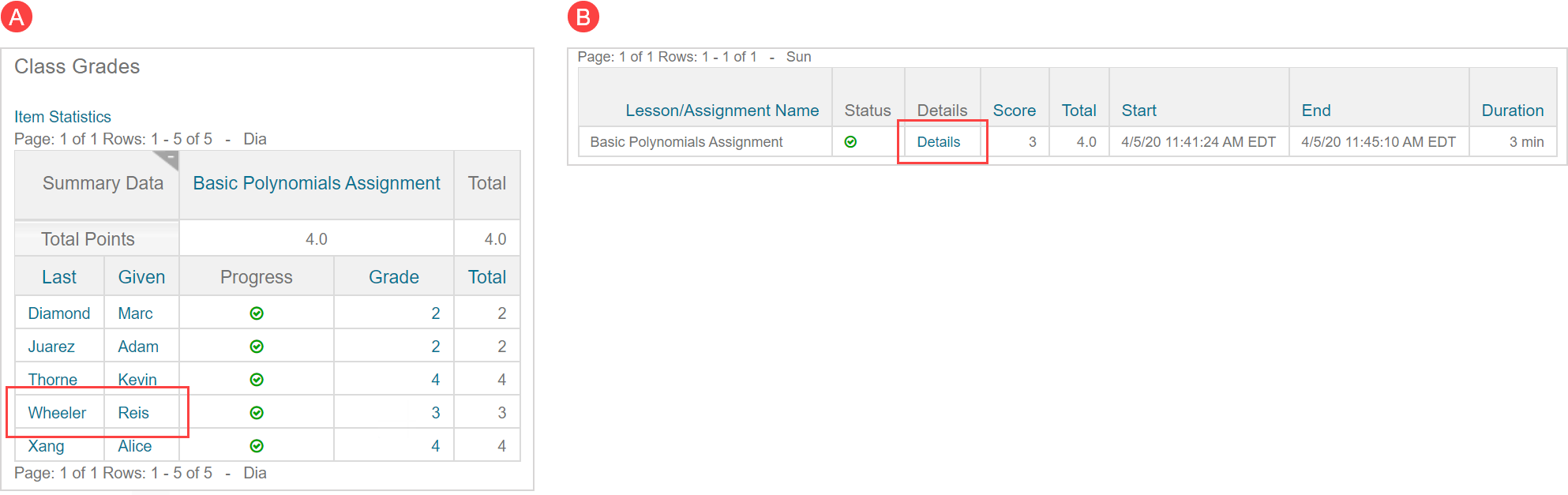 A student's name is highlighted in image A in the gradebook results table, and then the Details link is highlighted in image B in the attempt overview.